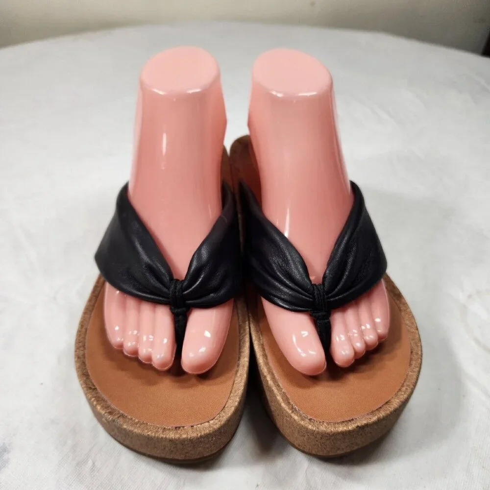 Lucky Brand Womens Size 10 Lellina Corck Platform Wedge Thong Sandal Black 902